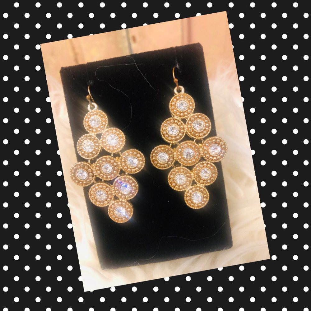 Gold colored chandelier earrings w/rhinestones